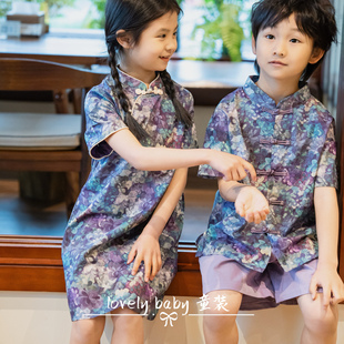 亲子款-纯棉姐弟装国风新中式马甲女童旗袍男童唐装夏短袖母子款