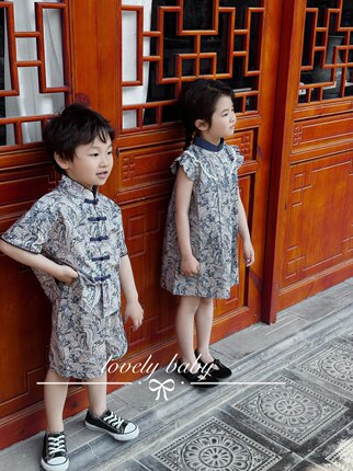 Lovely baby 夏新款姐弟装儿童套装男童短袖女童旗袍连衣裙中式