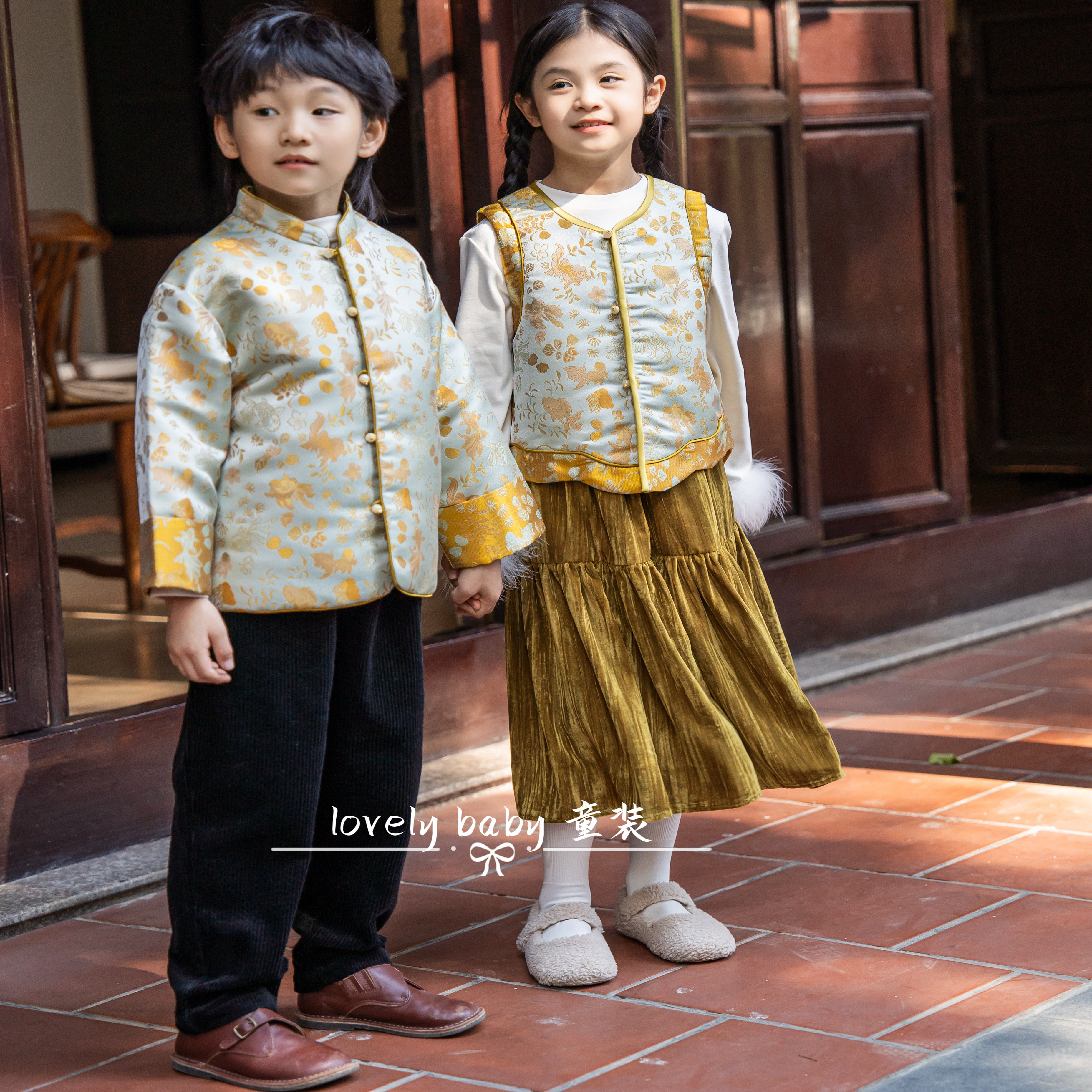亲子装-母子装秋冬唐装兄妹装新中式女童马甲男童对襟拜年服