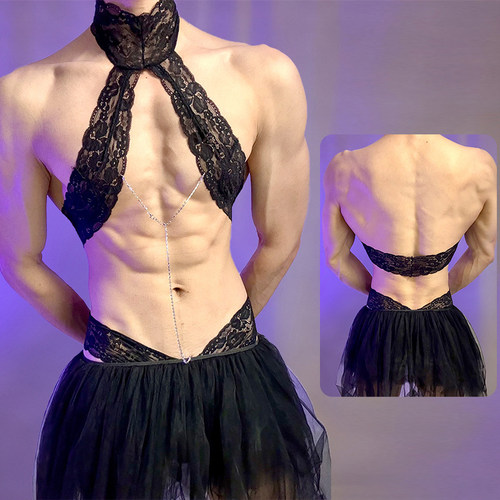 男士性感挂脖蕾丝内裤分体套装