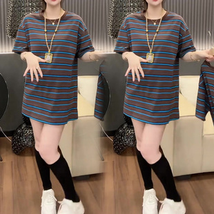 时尚中长款显瘦条纹衫2026年秋季女士新款圆领拼接半袖百搭T恤衫
