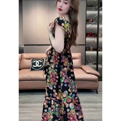 夏季雪纺中长款碎花宽松连衣裙女