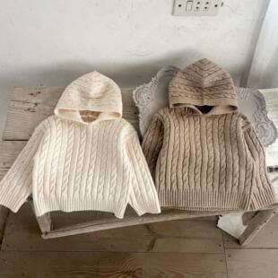 DULAN秋冬新款女童酷帅连帽卡其毛衣校园风男童休闲米白色套头衫