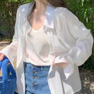 法式白色冰丝防晒衬衫女夏天轻薄款衬衣感抗皱长袖防晒衣上衣外套