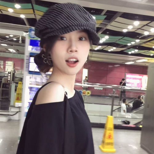 古早韩妹不规则条纹报童帽显脸小
