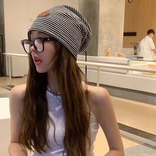 日系文艺条纹针织堆堆帽女显脸小慵懒风网红夏季薄款针织包头冷帽