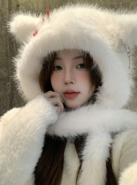蝴蝶结别针小熊耳朵毛绒套头帽女