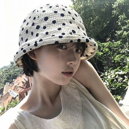 日系泡泡肌理轻氧遮阳波点渔夫帽女夏天薄款透气通勤百搭防晒盆帽