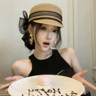 『精致美学』黑纱蝴蝶结草编马术帽女夏季遮阳草帽法式鸭舌报童帽
