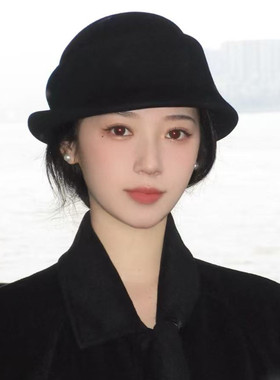 【矜贵羊毡帽】富家千金风黑色复古卷边礼帽女显脸小秋冬羊毛盆帽