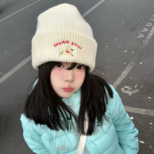 学院风韩版可爱小狗刺绣针织帽女
