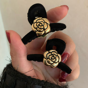 山茶花公主头发夹~两只装黑色丝绒小香风复古法式抓夹侧边夹发饰