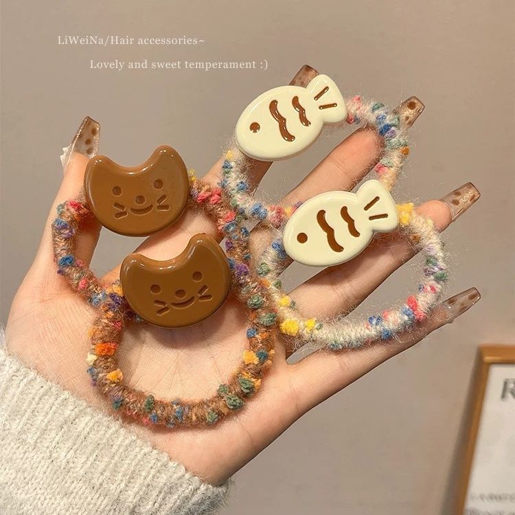 ins小鱼猫咪毛线发绳女高弹力不伤发头绳甜美可爱橡皮筋头饰发圈