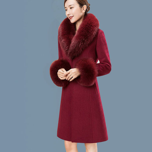 可拆卸真狐狸毛领羊绒羊毛呢大衣