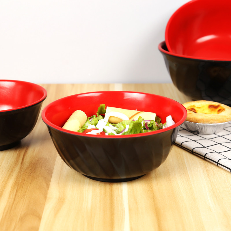 黑红双色密胺仿瓷斜纹碗花纹碗混沌碗汤面碗塑料饭碗麻辣烫快餐碗