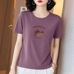 短袖 时尚 休闲百搭2025新款 夏季 圆领印花显瘦上衣 t恤女士宽松大码