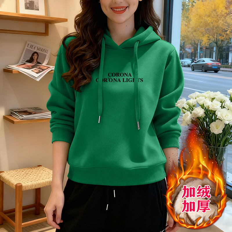 新款连帽女士宽松洋气上衣时尚休闲加绒秋冬加厚显瘦长袖卫衣外套