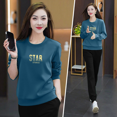 秋冬季女士新款加厚休闲运动套装圆领长袖时尚洋气加绒卫衣两件套