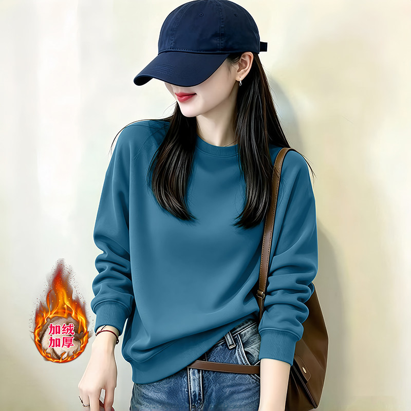 新款韩版加绒卫衣女复古简约2026秋季宽松减龄穿搭长袖圆领上衣女