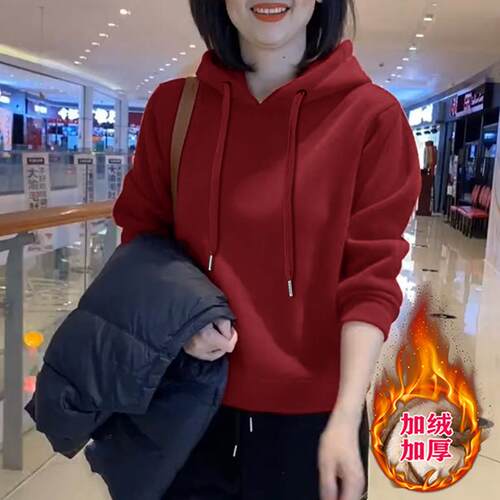连帽女士卫衣春秋冬季加绒新款时尚休闲宽松百搭洋气加厚外套上衣
