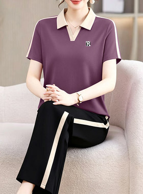 夏季凉感Polo领运动套装女微胖妈妈韩系气质减龄散步成套服装