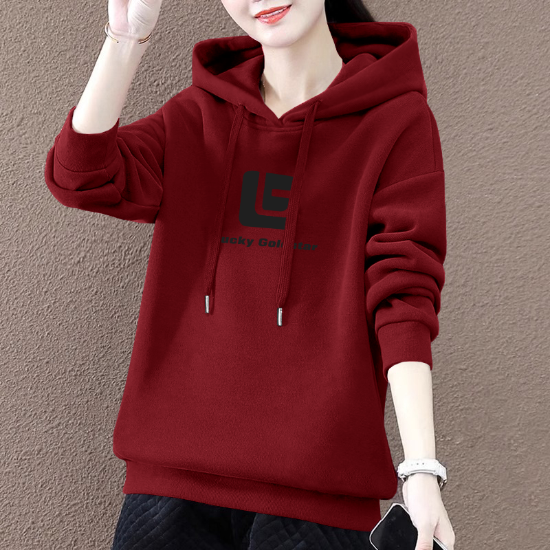 新款加绒加厚秋冬女装长袖连帽卫衣时尚宽松印花简约休闲修身上衣