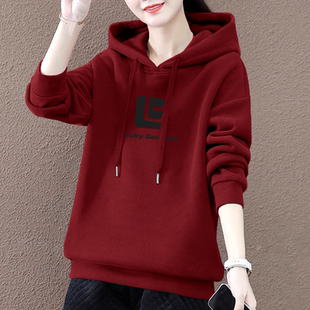 宽松印花简约休闲修身 新款 连帽卫衣时尚 长袖 上衣 加绒加厚秋冬女装