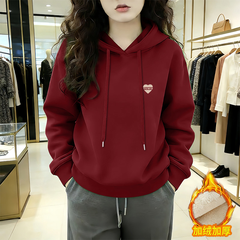 连帽中年卫衣女士加绒加厚宽松新款时尚洋气休闲通勤长袖上衣外套