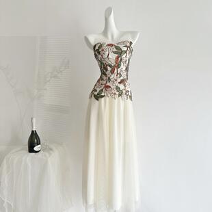 ifashion轻奢氛围感无袖拼接刺绣背心收腰上衣网纱半身裙套装夏