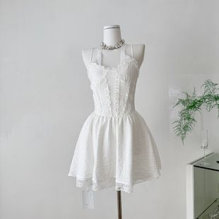 ifashion巨美蕾丝裙假两件花边白色连衣裙女修身海边度假气质短裙