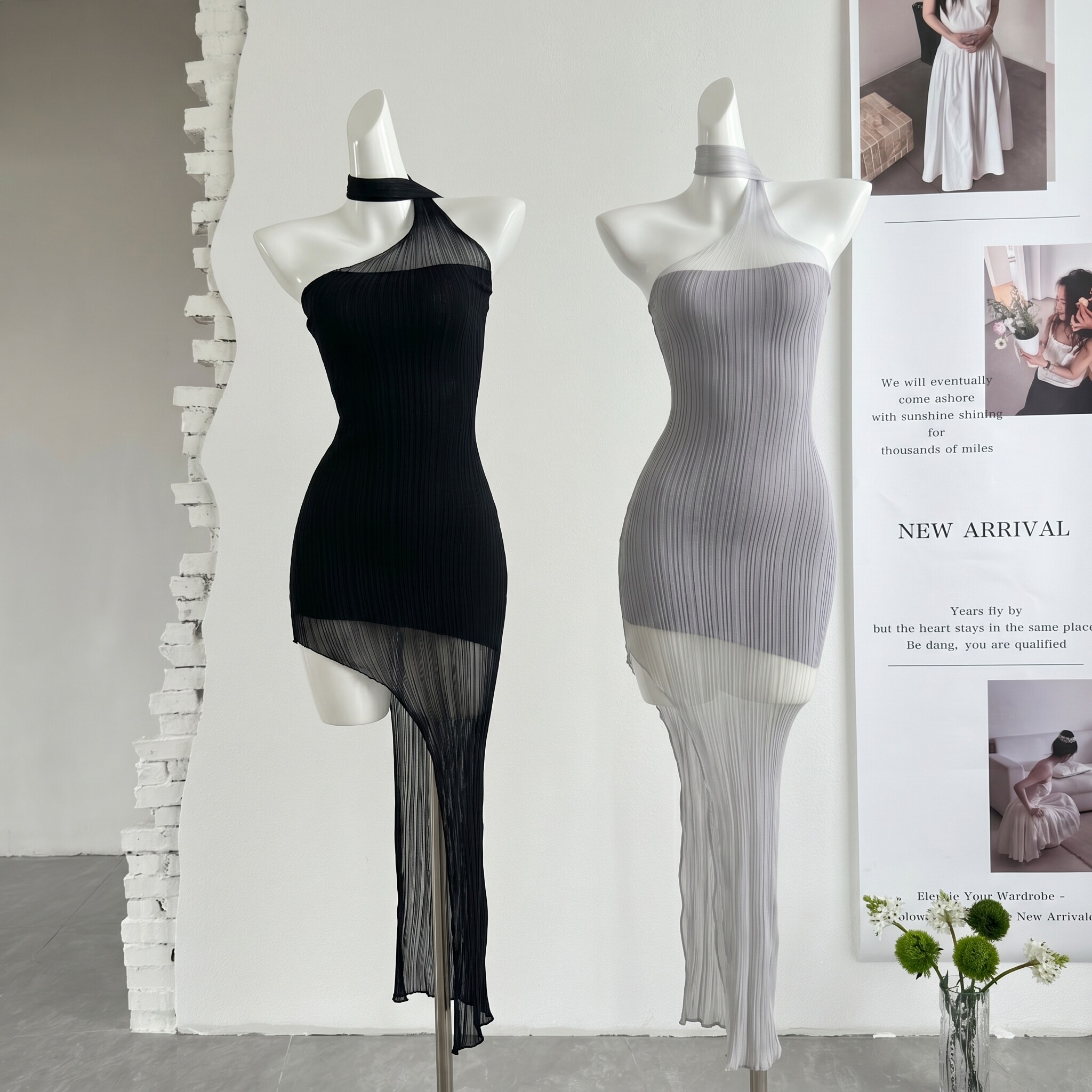 ifashion自制新款设计感透视挂脖无袖连衣裙削肩修身显瘦包臀裙