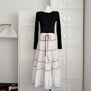 ifashion自制新款 黑色长袖针织上衣女款重工绝美蕾丝半身裙套装