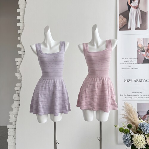 ifashion自制新款粉色方领连衣裙女夏设计感气质显瘦a字短裙