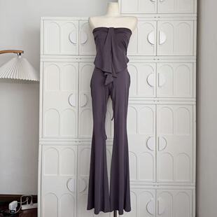 ifashion自制紫色拼接飘带荷叶边抹胸上衣拉绳微喇天丝针织休闲裤