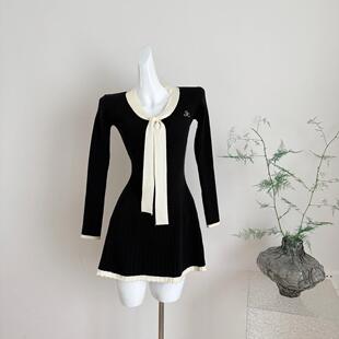 ifashion自制连衣裙女秋季巨好看法式黑色大方得体绝美假两件裙子