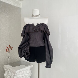 ifashion自制新款潮流前线设计感复古条纹荷叶边衬衫气质露肩上衣