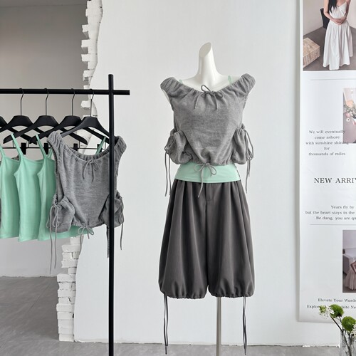 ifashion自制韩亚复古多穿法抽绳叠穿花苞小衫薄荷绿修身吊带打底
