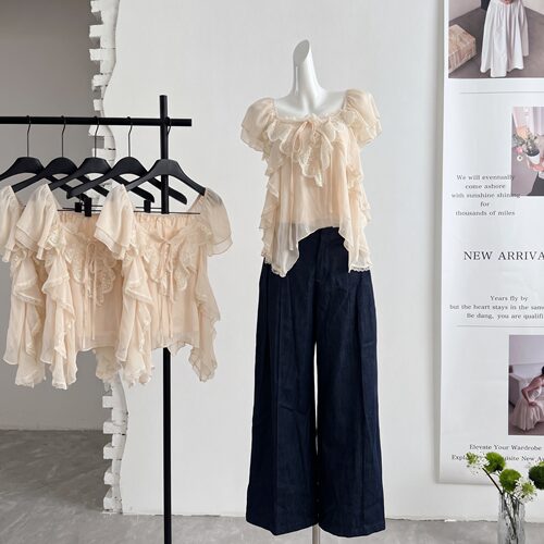 ifashion荷叶边小飞袖雪纺衫女夏季温柔设计感拼接蕾丝边小众上衣