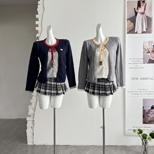 ifashion女装学院假两件毛衣短款气质开衫上衣秋季复古针织毛衫