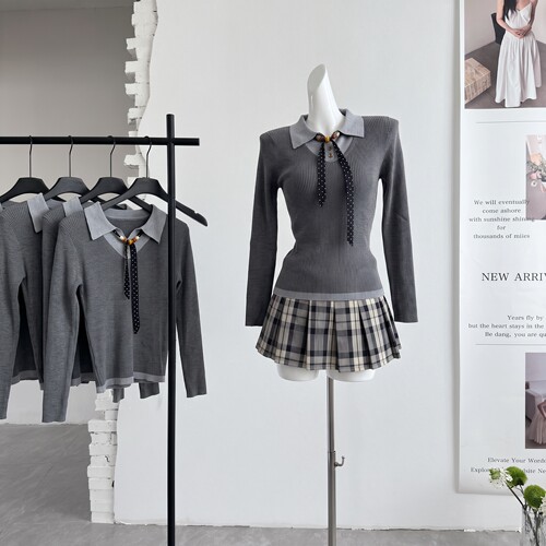 ifashion自制新款灰色假两件针织衫女秋季修身显瘦长袖打底上衣