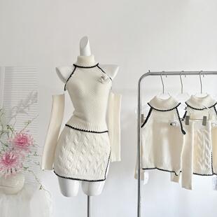 ifashion小香风针织套装女秋季新款高领无袖上衣半裙气质两件套