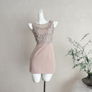 ifashion自制新款藤蔓玉绕纯欲镂空露背气质裸粉色蕾丝连衣裙