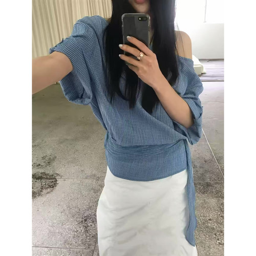 ifashion自制2026韩系夏季新款斜肩腰部系带设计格子衬衫上衣