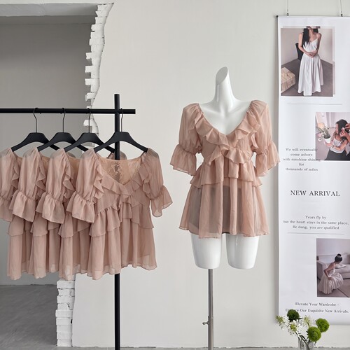 ifashion自制夏季新款重工荷叶边气质仙仙温柔风蕾丝拼接雪纺上衣