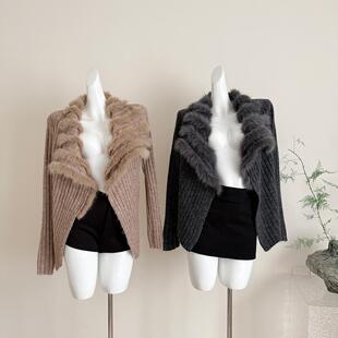 ifashion自制2026新款真狐狸毛大翻领针织开衫女秋季长袖毛衣外套