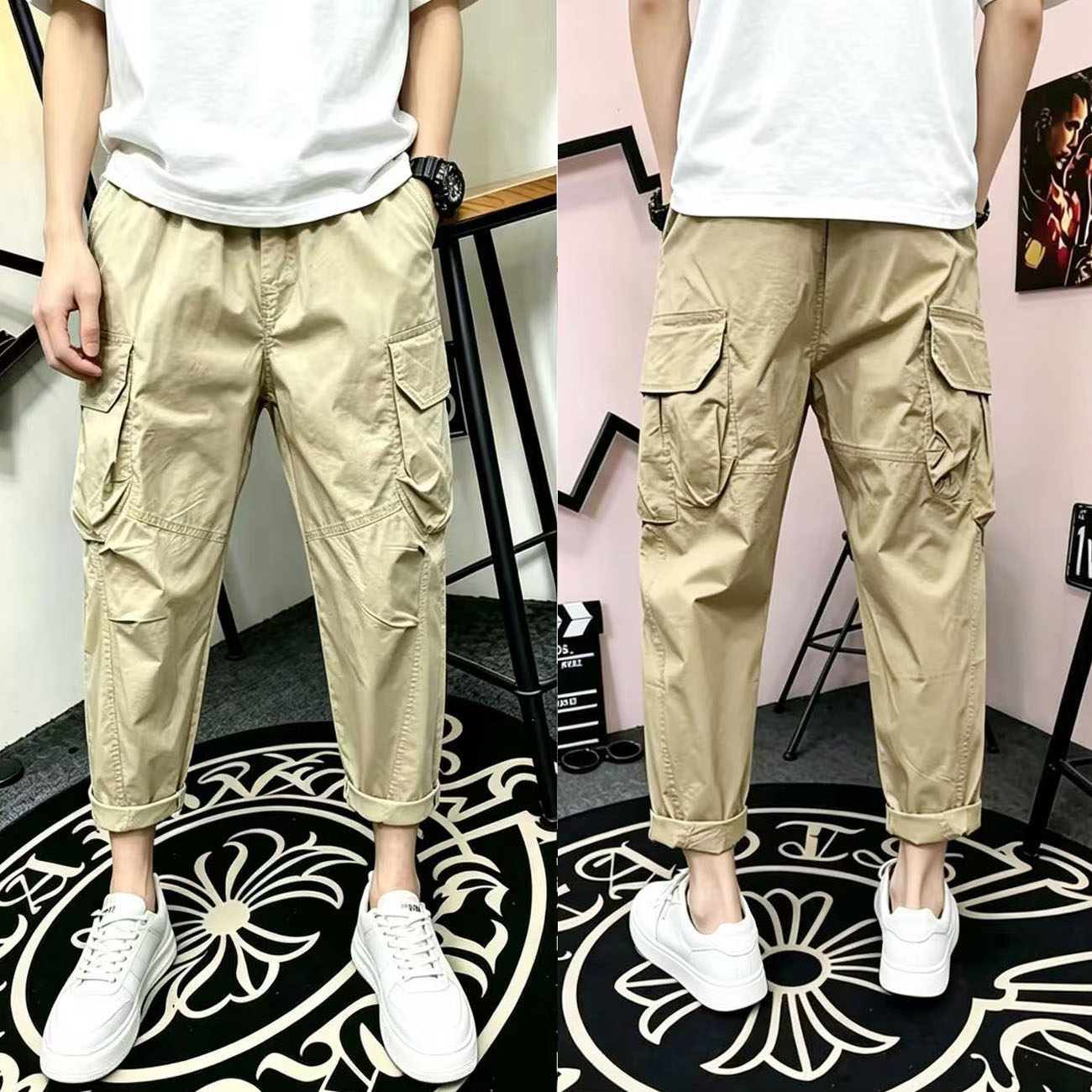 夏季薄款工装多袋哈伦九分男裤