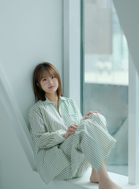 LOK绿色条纹休闲长袖睡衣家居服外穿套装情侣套装简约舒适