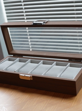 胡桃木纹手表盒收纳盒玻璃天窗木质家用储藏展示盒6位手表收藏盒