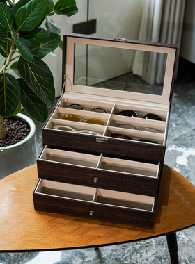 眼镜收纳盒木纹PU皮三层18位墨镜太阳镜收藏展示箱大容量带盖防尘