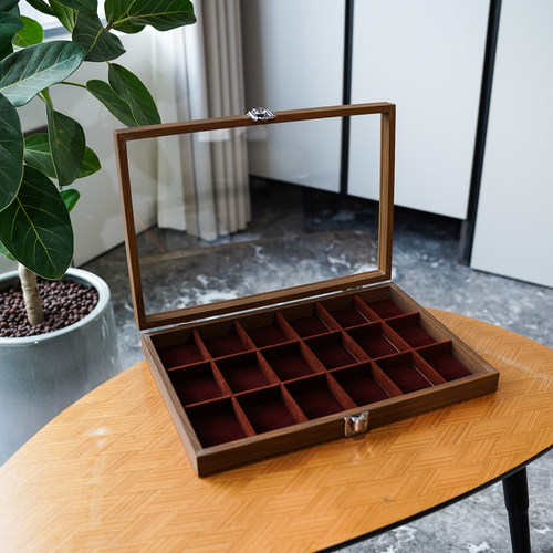 黑胡桃木纹酒红绒布打火机收纳盒